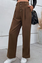 Button-Fly Pleated Waist Wide Leg Pants with Pockets