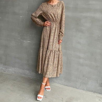 Leopard long sleeve round neck long dress female autumn and winter