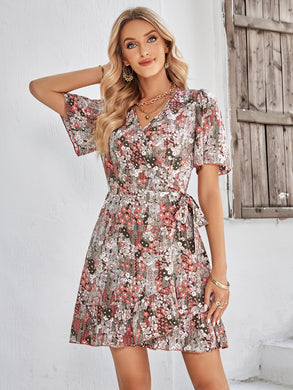 Floral Short Sleeve Ruffle Hem Dress