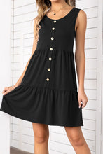 Decorative Button Scoop Neck Sleeveless Tiered Dress