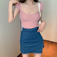 Women's generous square collar solid color short top slim fit thin short-sleeved sweater summer