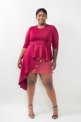 Plus Size Burgundy Asymmetrical Plume Cape Blouse