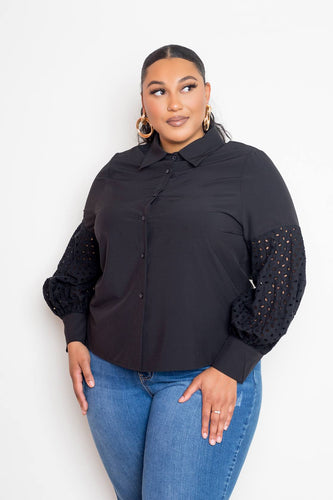 Black Blouse with Punched Sleeves, Sizes 1XL-3XL