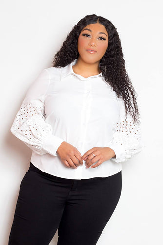 White Blouse with Punched Sleeves, Sizes 1XL-3XL