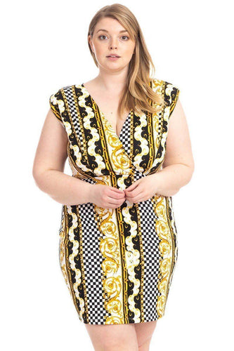 Plus Size V-Neck Sleeveless Boarder Print Bodycon Dress