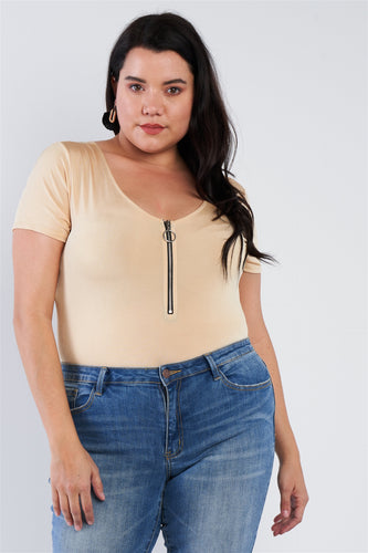 Plus Size Fuchsia Scoop Neck Bodysuit with Front Zip and Snap Closure