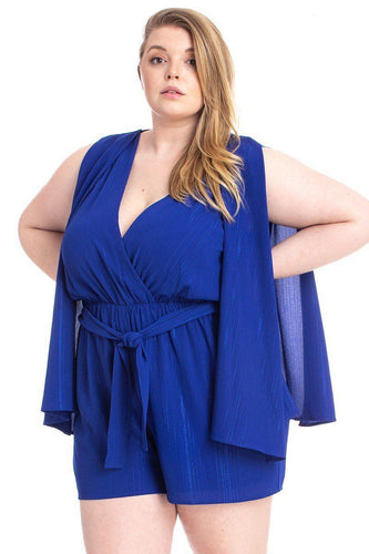 Plus Size Yellow Shimmer Draped Romper with Open Sleeves and Tie Waist