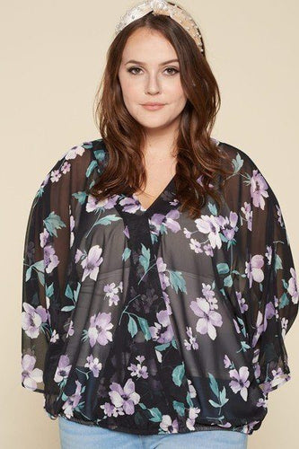 Plus Size Women's Floral Chiffon Sheer Surplice Top with Bell Sleeves