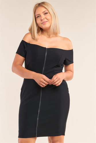 Plus Size Off-the-Shoulder Bodycon Mini Dress with Front Zipper Closure