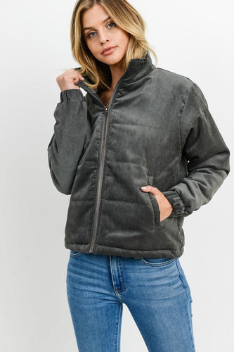 Charcoal Puffy Corduroy Jacket with Long Sleeves and Turtle Neckline