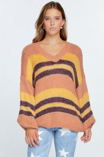Cozy Thick Knit V-Neck Stripe Pullover Sweater