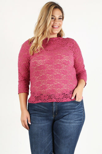Plus Size Sheer Lace Fitted Top with 3/4 Sleeves