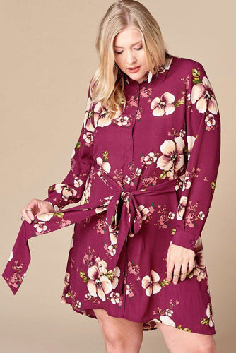 Plus Size Floral Woven Button-Down Shirt Dress with Belted Waist