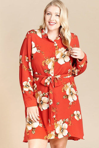 Plus Size Floral Woven Button-Down Shirt Dress with Collar and Belt