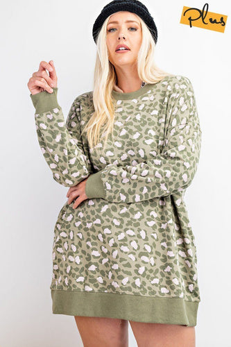 Leopard Print Oversized Terry Knit Mini Dress with Elastic Band