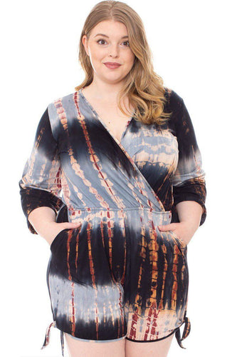 Plus Size Tie Dye Wrap Romper with Side Tie, Pockets & V-Neck
