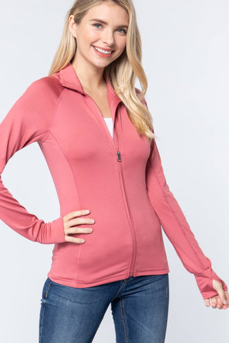 Women's Pink Solid Workout Track Jacket with Spandex Blend