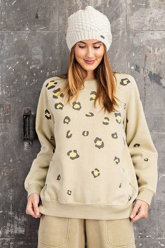 Leopard Print Long Sleeve Washed Terry Sweatshirt