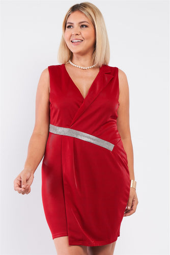 Sleeveless V-Neck Rhinestone Asymmetrical Wrap Mini Blazer Dress