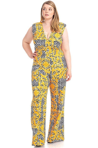 Plus Size Greek Key Print Sleeveless V-Neck Formal Jumpsuit