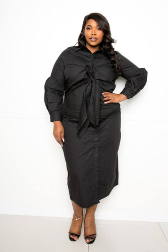Poplin Shirt Dress with Tie Bow Detail Black Cotton