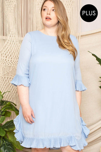 Pleated Ruffle Mini Dress with Boat Neck and 3/4 Sleeves