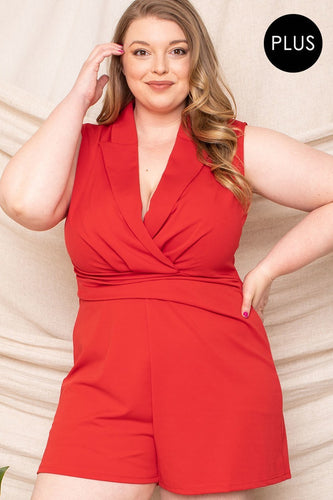 Plus Size Sleeveless Romper with Collared Neck and Deep V-Neck in Solid Crepe