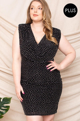 Plus Size Translucent Rhinestone Mini Dress with Draped Neck