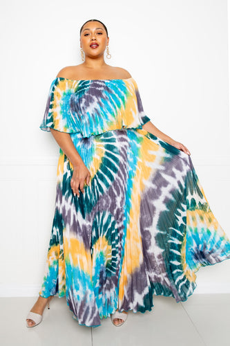 Plus Size Tie Dye Off Shoulder Pleated Maxi Dress in Hot Pink