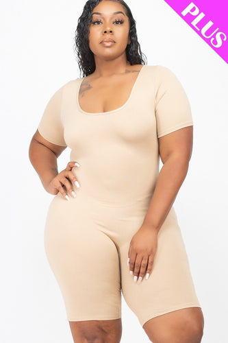 Plus Size Taupe Scoop Neck Short Sleeve Bodycon Romper