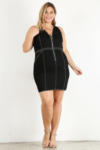 Plus Size Solid Sleeveless Bodycon Mini Dress with V-Neck and Half-Zip