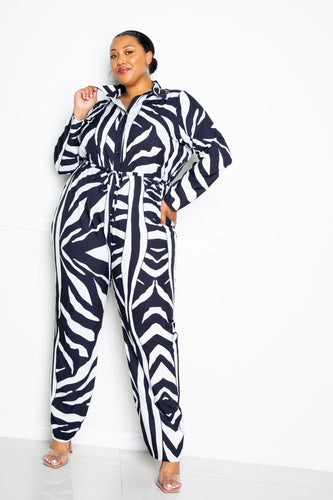 Plus Size Button-Up Long Sleeve Green and White Jumpsuit BBA 1XL-3XL