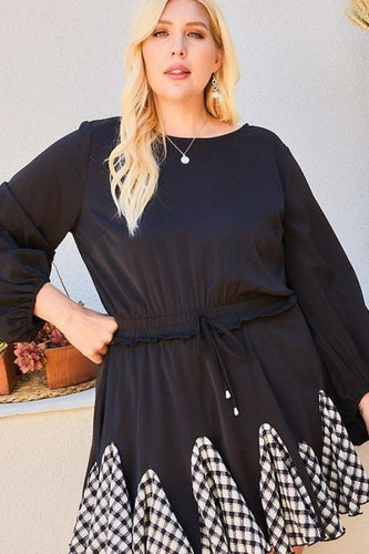 Plus Size Gingham Ruffle Romper with Round Neck and 3/4 Bubble Sleeves