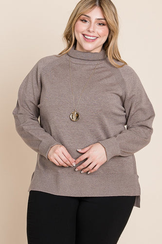 Plus Size Two Tone Knit Turtleneck Sweater with High Low Hem