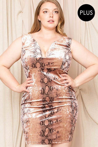 Plus Size Velour Snake Print Mini Dress with Deep V-Neck and Zipper Back