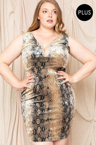 Plus Size Velour Snake Print Mini Dress with Deep V-Neck and Zipper Back