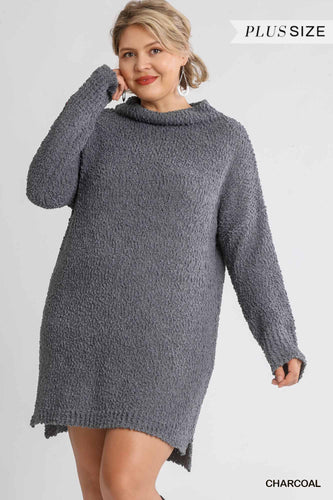 High Cowl Neck Bouclé Sweater Dress with Long Sleeves