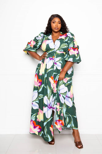 Plus Size Olive Puff Sleeve Button Front Dress