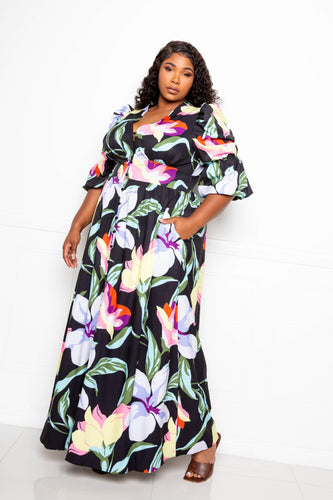 Black Multi Puff Sleeve Button Front Dress BBA