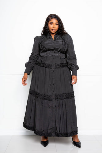 Black Belted Shirt Dress with Ruffle Detail 1XL-3XL