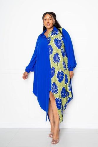 Plus Size Print Drapy Shirt Maxi Dress in Royal Multi BBA Print