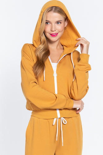 Imported Black Fleece French Terry Zip-Up Hoodie Jacket with Drawstring