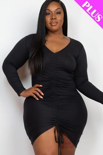 Plus Size V-Neck Long Sleeve Top with Drawstring Ruched Front