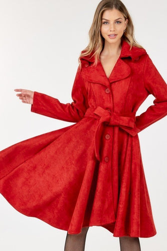 Button Tacking Collar A-Line Suede Coat in Olive and Wine