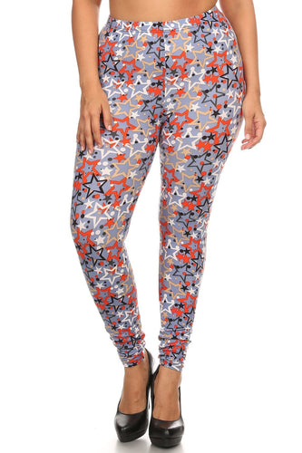 Plus Size Women's Star Print Full Length Slim Fit Leggings with High Waist