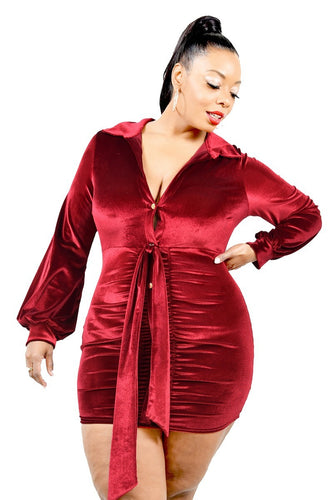 Plus Velvet Mini Dress with Bishop Sleeves and Tie Waist