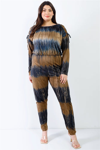 Plus Size Tie-Dye Jumpsuit with Lace-Up Shoulders and Back Cut-Out Wrap