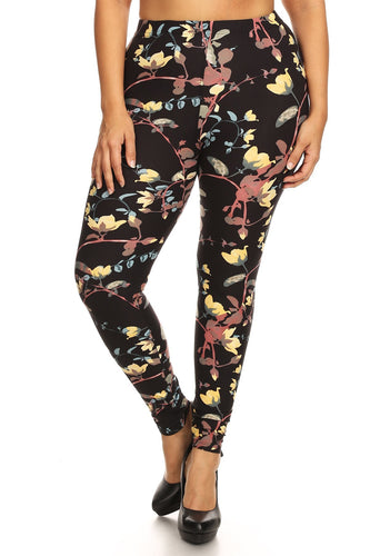 Plus Size Women's Floral Print High Waist Slim Fit Full Length Leggings