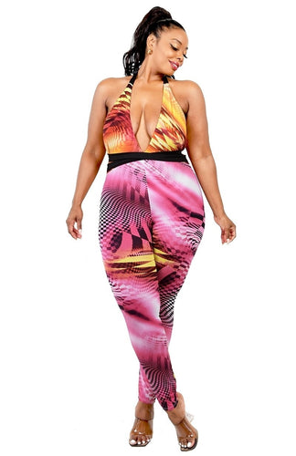 Plus Size Women's Criss Cross Mock Neck Color Pattern Jumpsuit