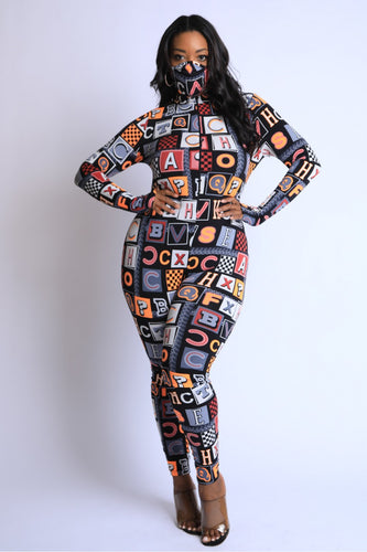 Plus Size Neon Alphabet Print Burgundy Multi Jumpsuit 1XL-3XL